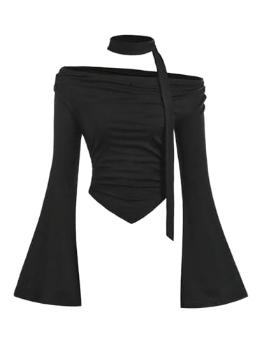 SweatyRocks Girl's Off the Shoulder Tops Bell Sleeve Ruched Asymmetrical T Shirt with Scarf