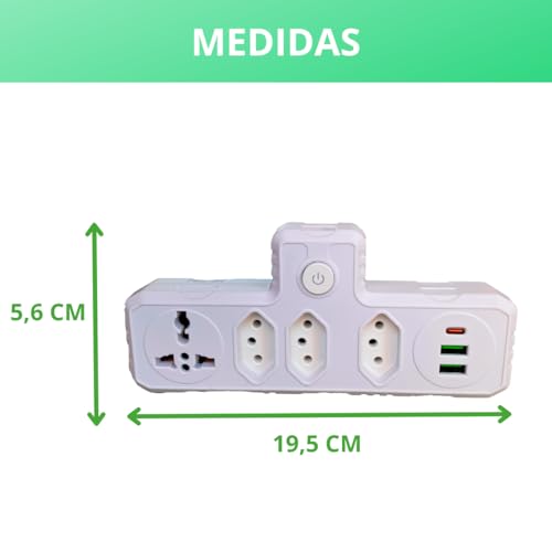 Adaptador Tomada Filtro de Linha Régua Energia Elétrica 3 Tomadas 2 USB 1 USB-C 110-220V Potência 25