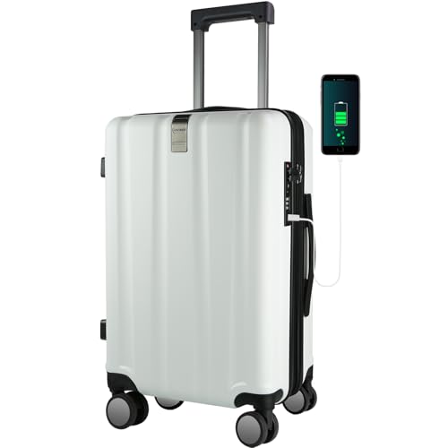 KROSER Hardside Expandable Carry On Luggage with Spinner Wheels & Built-in TSA Lock, Durable Suitcase Rolling Luggage with USB Port, Carry-On 20-Inch, White