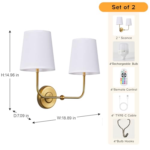 Image of PASSICA DECOR Battery Operated Wireless Wall Sconces Set of Two, Rechargeable Wall Lamps with Dimmable Remote Control,RGB Color, Wall Light for Bedroom Living Room