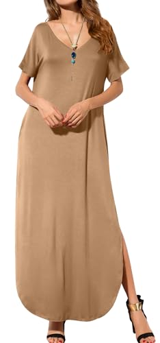 Image of GRECERELLE Women's Summer Maxi Dress Casual Loose V Neck Short Sleeve Side Split Long Dresses with Functional Pockets