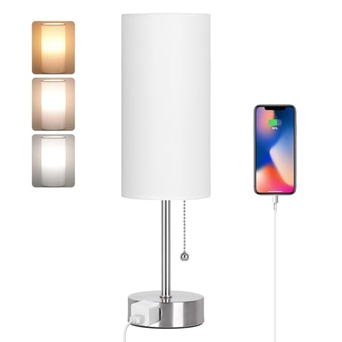 Dott Arts Table Lamp for Bedroom, 3-Color Bedside Lamps with Pull Chain, Bedroom Table Lamps for Nightstand,AC Outlet Small Lamp for Living Room, Bulb Included Nickel