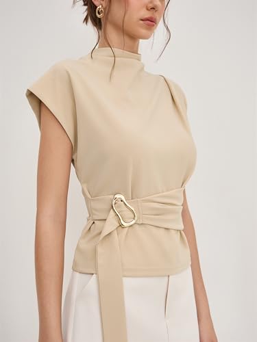 CIDER Women Tops Blouses Stand Neck Belted Short Sleeve Business T-Shirts4