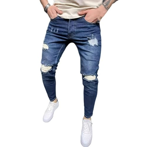 Jeans Pants Trousers Denim Ripped Elastic Tight Fit High Waist Washed Blue Street Trendy Small Leg for Men
