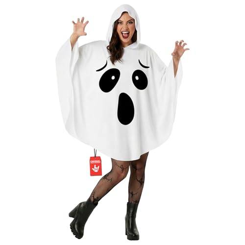 Morph Ghost Costume Adult Women Spooky Ghosts Costume White Ghost Poncho Hooded Cape Adult Spooky Halloween Costumes for Womens