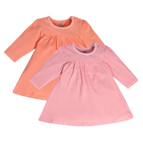Image of miniklub Girls Cotton Pack of 2 Full Sleeves Solid Dresses - Pink & Coral