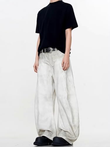 Men's American Retro White Denim Jeans Wide Leg Pants4