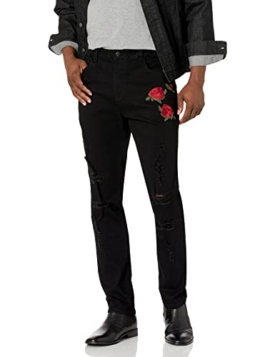 Nutriangee Men s Floral Jeans, Ripped Skinny Distressed Destroyed Slim Fit Stretch Rose Embroidered Pants Black 32