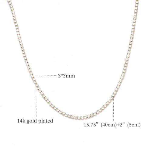 Dainty 14K Gold Plated Tennis Choker Necklace with Sparkly Diamonds Rhinestones