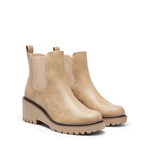 DREAM PAIRS DREAM PAIRS Women's Wedge Chelsea Ankle Boots Fashion Round Toe Low Wedge Heel Platform Booties Shoes,Size 8,Nude-Nubuck,SDAB2403W