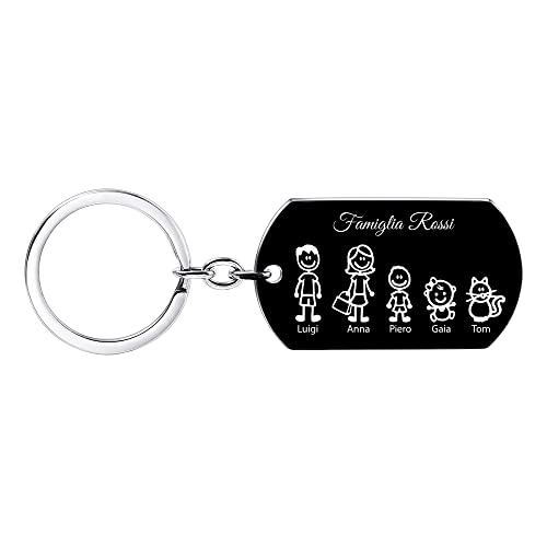 Portachiavi Personalizzato Family In Alluminio Argento - Incisione Nome, Idea Regalo Per Famiglie