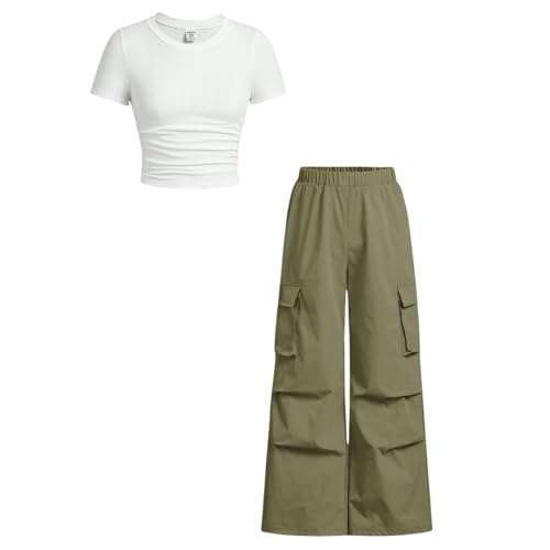 Image of Azmxynol Tween Girls Clothes 2 Piece Outfit T-Shirt Top + Cargo Pants, Teen Girl Trendy Clothing Set, Sizes 7-15 Years