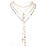Solbrezeni 4 collares de oro en capas para mujer, juego de collar de cruz dorada con cuentas bohemias, colgante de rosario vintage en Y, collar largo de oro y gargantilla ajustable, juego de collar