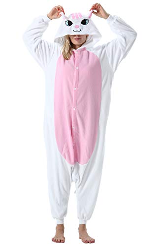 Pijama Animal Entero Unisex para Adultos con Capucha Cosplay Pyjamas Blanco Gato Ropa de Dormir Traje de Disfraz para Festival de Carnaval Halloween Navidad