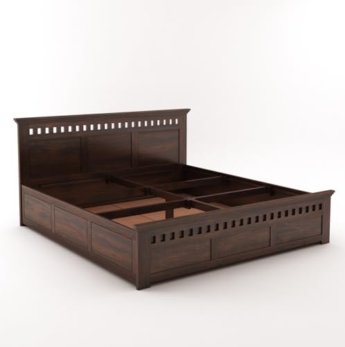Image of Wooden King Size Bed with Storage Box Solid Wood Foldable for Bedroom | Wooden Folding Cot King Size Bed Frame (King Size, Walnut Finish, 1 Piece)