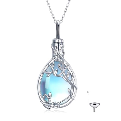 Urn Necklace for Ashes 925 Sterling Silver Moonstone/Angel Wing/Tree of Life/Cross Faith/Keepsake Pendant Necklace Cremation Memorial Jewelry Gifts for Women Men Girls