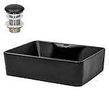 LuxeBath Waschbecken Keramik 490x365x140 mm eckig Schwarz mit Ablaufgarnitur Schwarz, Aufsatzwaschbecken für Badezimmer/Gäste-WC, Aufsatzbecken modern Waschtisch Waschschale Waschplatz Handwaschbecken