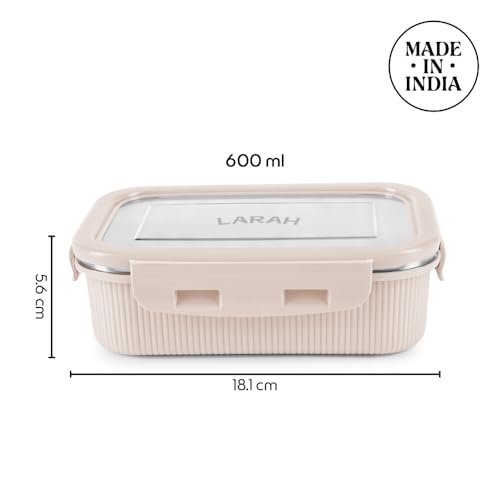 Image of Larah by BOROSIL Freshbyte Food Storage Container with Airtight Stainless Steel Lid | Fridge Container for Lunchbox | Food Grade | Microwave Safe (Beige, 600 ml, Rectangular)