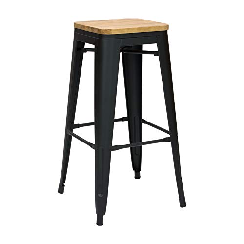 Vaukura Taburete Alto Tolix - Taburete Industrial Metálico Mate Asiento Madera (Negro)
