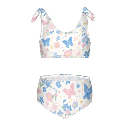 KLL Butterflies on White Pink Girls' 2 Piece Bikini Sets Quick-Dry Swimsuits Swimming Suits Adjustable Strap