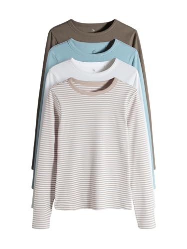 THE SET Damen t gerippte Langarmshirts 4er-Pack Chocolate Brown/Light Blue/Stripe/White M