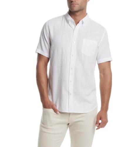 Weatherproof Vintage Men's Short Sleeve Linen Cotton Blend Woven Button Down Shirt