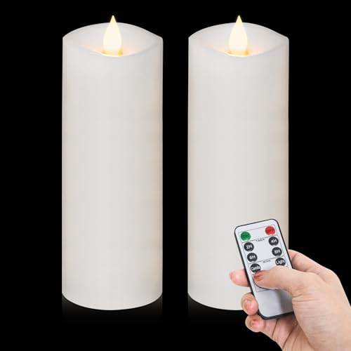 Image of 2PCS, 3 x 8 inches Flameless Candle with Remote Control, 3D Flickering Wick, Real Wax, Battery Candles,with Timer,Battery Powered Candles,for Holiday Home Decor,White