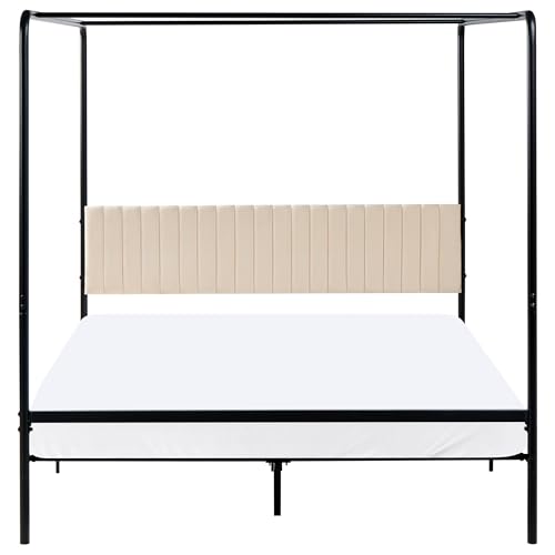 Beliani Metallbett Himmelbett schwarz mit Polsterkopfteil beige Metallrost 160x200 cm Mirabeau – Bild 6