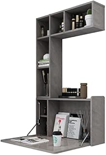 Pmnianhua Folding Wooden Wall Mounted Drop Leaf Table,Space Saving Folding Table Makeup Vanity Desk Table with Storage Shelves for Laptop Bedroom Studio Small Space (dark grey)