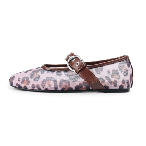 Image of Gothictor Women's Mesh Ballet Flats Round Toe Leopard Mary Jane Shoes Women | Cushioned Comfort, Easy to Style, Buckle Strap, Cheetah Print, Ballerina, Breathable, Wide Width, Non-Slip, Dressy Casual