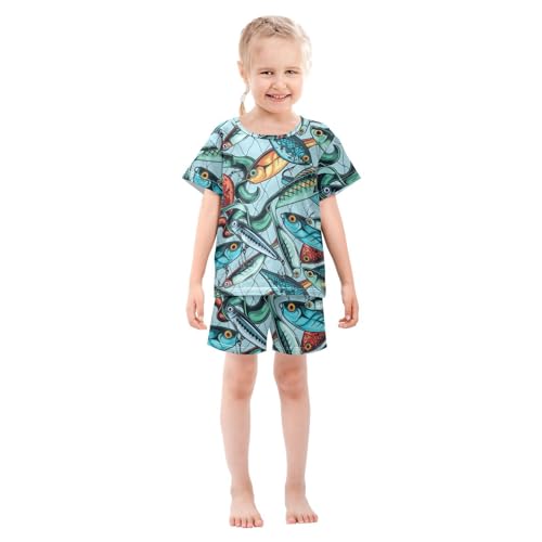 Pajama Short Sets Vintage Colorful Fishing Baits Soft Cotton Summer Sleepwear 2 Piece PJS Size 5-14T4
