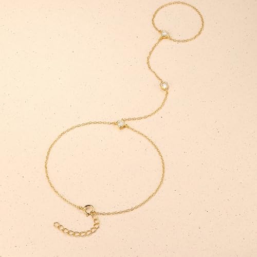 Diamond Gold Bracelet Rings Hand Chain for Women, 925 Sterling Silver White CZ Heart Finger 14k Gold Plated Dainty Trendy Layered Stackable Link Chain Ring Bracelet Body Summer Christmas Wedding Jewelry Gift4