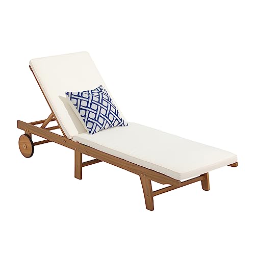 Image of Patiorama Patio Acacia Wood Chaise Lounge Chair, Pool Chair, Cream | Foldable Lounge Chair Recliner with Adjustable Backrest, Wheels,Padded Cushion Portable Sun Lounger for Pool, Deck, Lawn