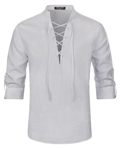Enlision Camisa Pirata de Lino para Hombre Camisa Retro Medieval con Cordones para Cosplay Vikingo Hippie a Juego Gris Claro XL