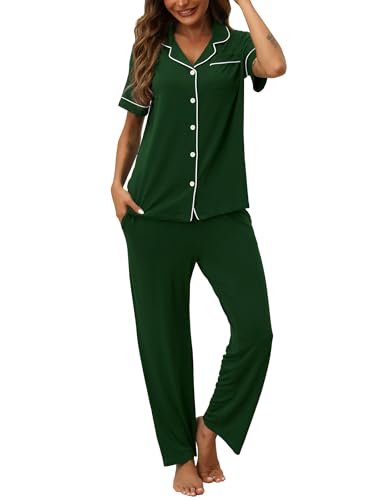Image of HNG Women Pajamas Set 2 Piece Button Up Pajamas Pant and Short Sleeve Shirt for Woman Pj Sets with Pocket