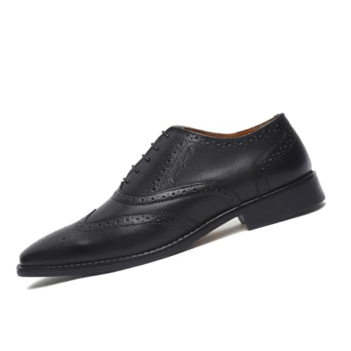 Image of LOUIS STITCH Mens Jade Black Italian Leather Wingtip Brogue Handmade Formal Lace Up Shoe (RXBGJB) - 10 UK