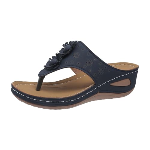 Sandalias de cuña para mujer, sandalias ortopédicas del Reino Unido, sandalias bohemias, romanas, antideslizantes, de piel, transpirables, con puntera abierta, ligeras, de verano, para mujer, azul2