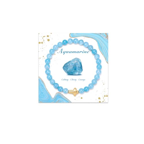 Pendlixy Cross Aquamarine Beaded Bracelets for Women Natural Stone Healing Crystal Bracelet Religious Cross Bracelet for Women Birthday Christian Gifts for Women on Easter Christmas Gifts