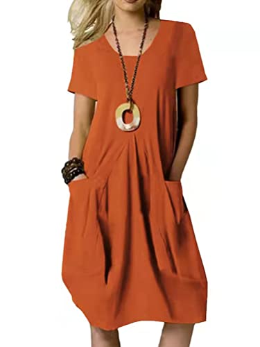 Onsoyours Mujer Vestido de Algodón Vestido de Manga Corta Color Sólido Vestido con Cuello Redondo Casuales Vintage Boho Vestido de Playa de Verano A Naranja M