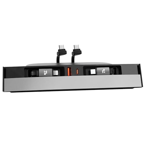 Leikaendi USB Hub Charger for Tesla Model 3 2021-2023 & Model Y 2021-2024 with Two 27W Fast Charging Retractable Cables, Slid Cover Phone Charger Center Console Docking Station Interior Accessories