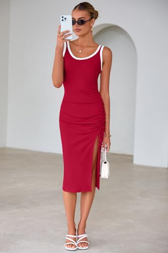Image of IHOT Women's Sexy Side Slit Midi Dresses Sleeveless Ribbed Casual Ruched Bodycon Club Party Tank Dress