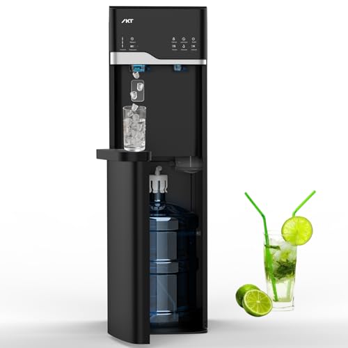 IKT Self Cleaning 4 in 1 Water Cooler Dispenser with Ice Maker for 5 Gallon Bottle Bottom Load 22lbs Daily Capacity Child Safety Lock Empty Bottle Light Black