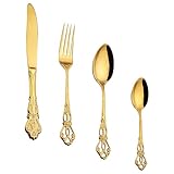 DECHOUS Edelstahlbesteck 4 Stück Goldfarben mit Steakmesser und Dessertgabel Spülmaschinenfest für Westliche Küche und Feine Anlässe