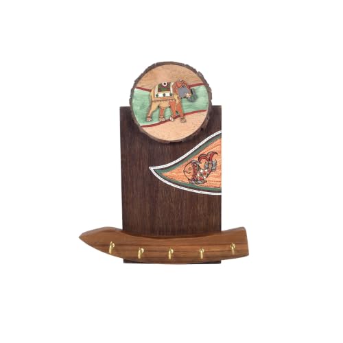 Image of AAKRITI ART CREATIONS Key Holder, Majestic Journeys Key Holder | Rustic Mango Wood Wall Organizer with 5 Hooks | New Home Gifts | Multifunctional Entryway Decor Item