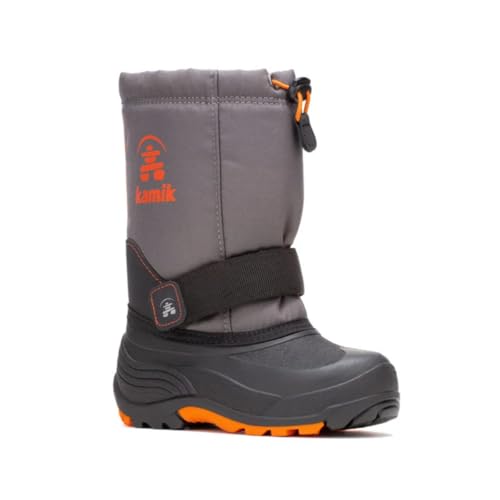 Kamik Rocket Insulated Snow Boots - Waterproof Upper & Kids Waterproof Shoes - Easy-Grab Lace Lock Snow Boots for Kids - Removable Insulated Liner - Charcoal/Flame - 1 Little Kid