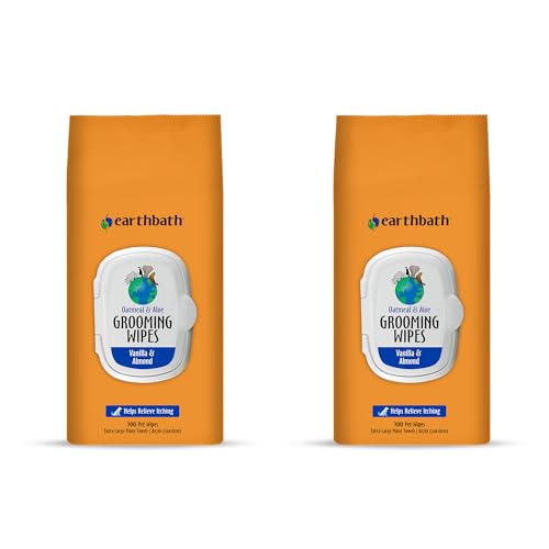 earthbath Oatmeal & Aloe Grooming Wipes - Dog Wipes for Paws and Butt Pet Wipes for Dogs & Cats Helps Relieve Itchy & Dry Skin Made in USA Cruelty-Free - Vanilla & Almond 100 Count (2 Pack)