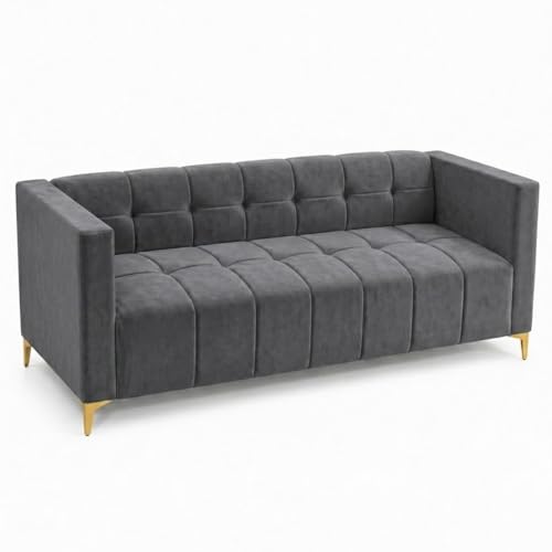 Image of FURNY Homeliving 4 Seater L Shape Sofa Set with Movable Ottoman & Golden Legs | Flexible Left or Right Layout | Plush Velvet Fabric (Dark Grey) | Perfect for Living Room, Guest Room & Office