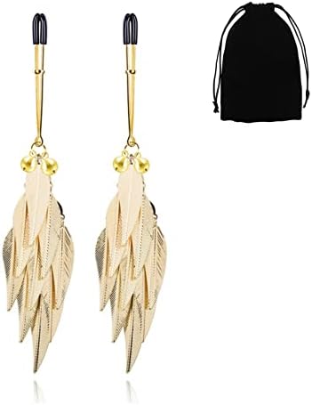 MONEYN Nipple Clamps with Adorable Pendant, Nipple Toys for Womens Pleasure, Nipple Rings Non Piercing Nipple Jewelry for Own Use or Couple Flirting (Champagne Feather), Black