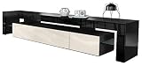 Vladon Lowboard Lima V2, TV-Kommode mit 2 Klappen, 1 offenem Fach und 2 Glasablagen, Schwarz Hochglanz/Creme Hochglanz (189 x 38 x 35 cm)