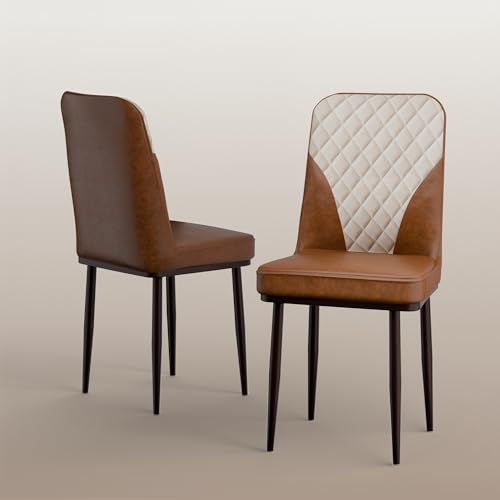 Image of IKON Premium Leather Dining Chair with Cushioned Seat & Metal Legs | Premium Accent Chair for Living Room, Bedroom & Balcony | D.I.Y (Saddle Cream)